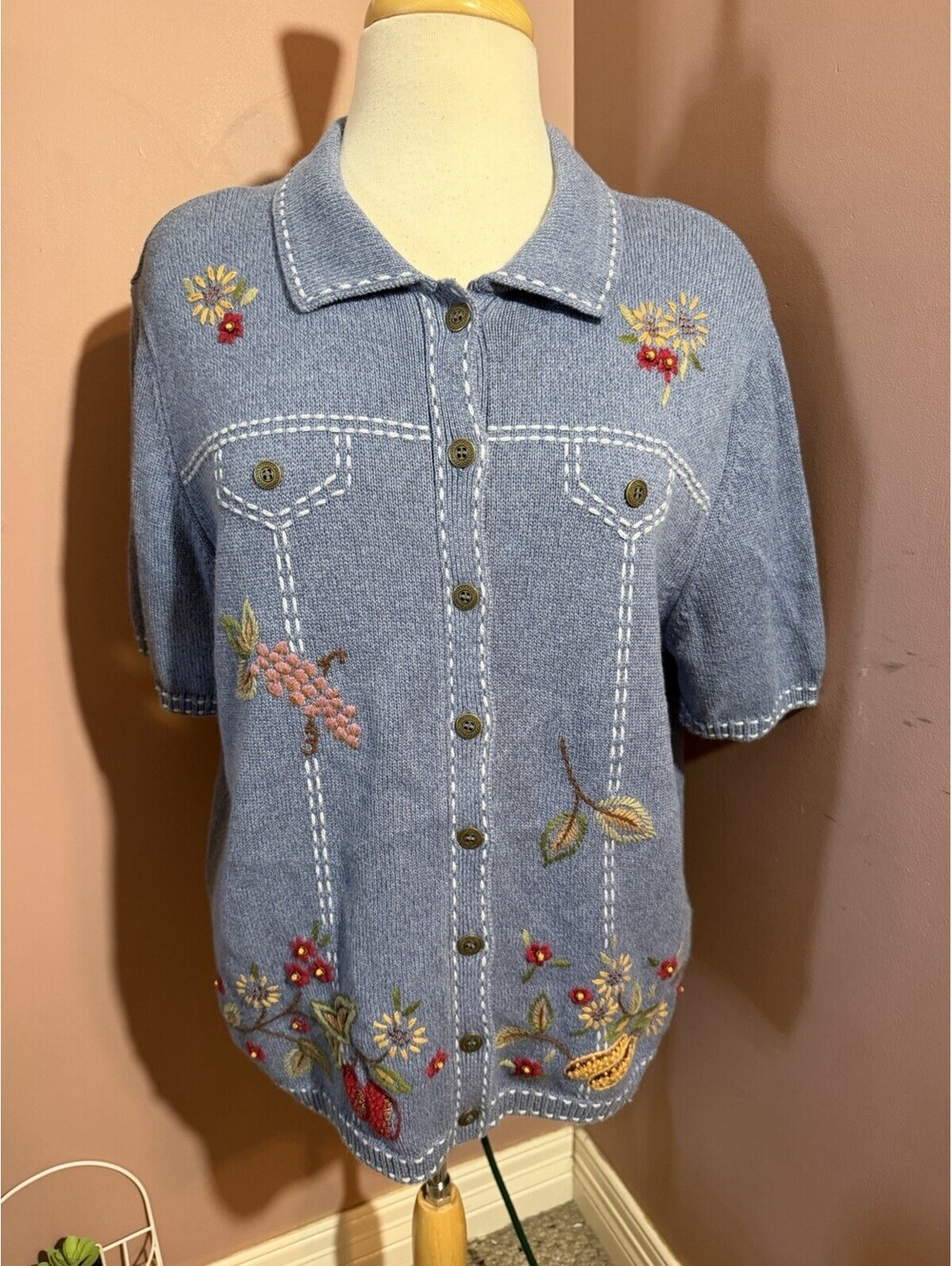 Vintage 90s Alfred Dunner Embroidered Floral Sweater Shoulder Pads Womens Large